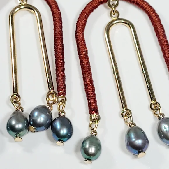 🌈 MWT-Anthropologie-Semi precious-Large Bronze-Blue Pearl Dangle Earrings - Picture 2 of 4